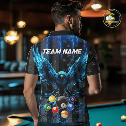 Back view of man wearing a blue lightning eagle pool shirt inside a billiards hall.