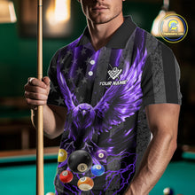 Load image into Gallery viewer, Man wearing a purple lightning eagle billiard jersey beside a pool table front view.