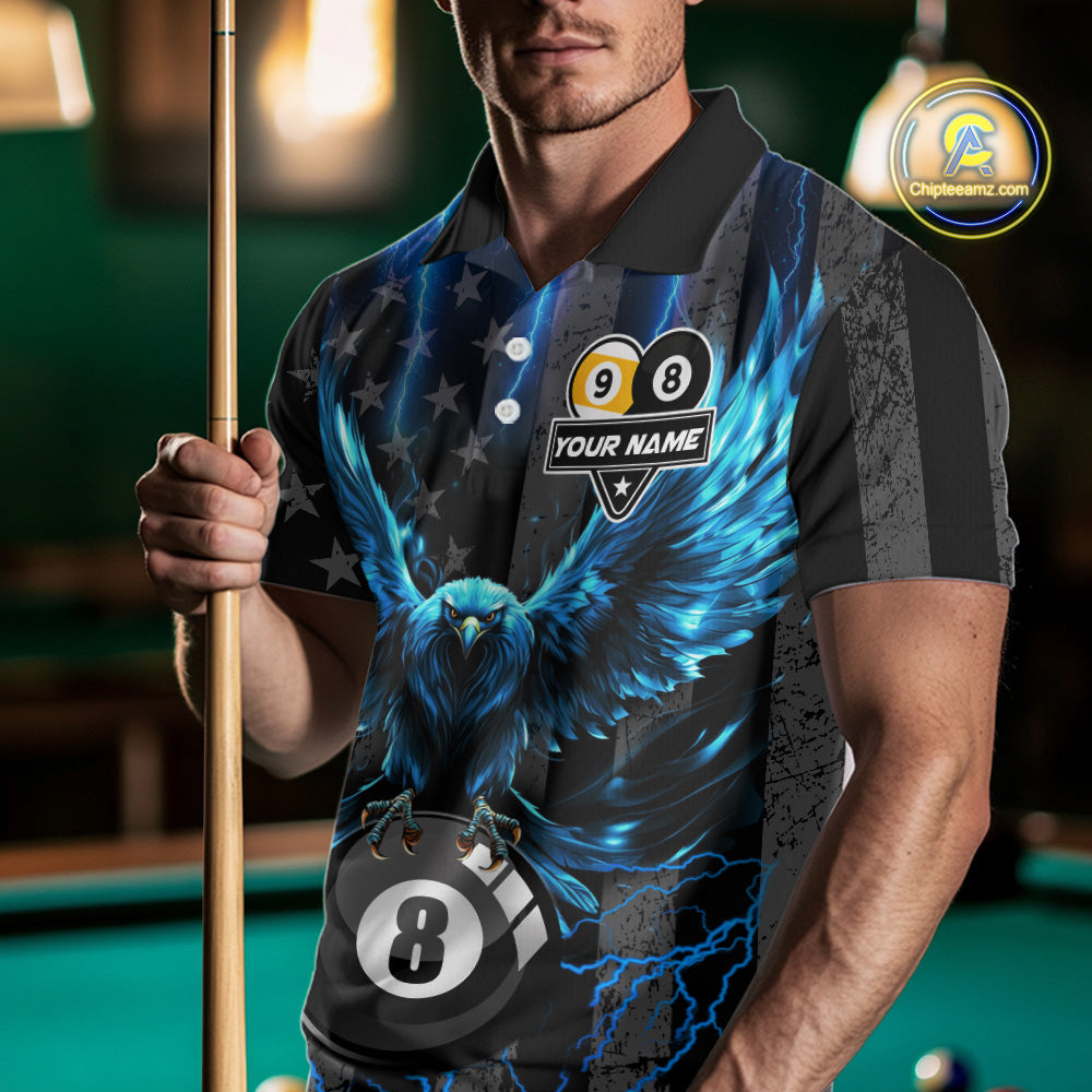 Man wearing a blue lightning eagle billiard jersey beside a pool table front view.