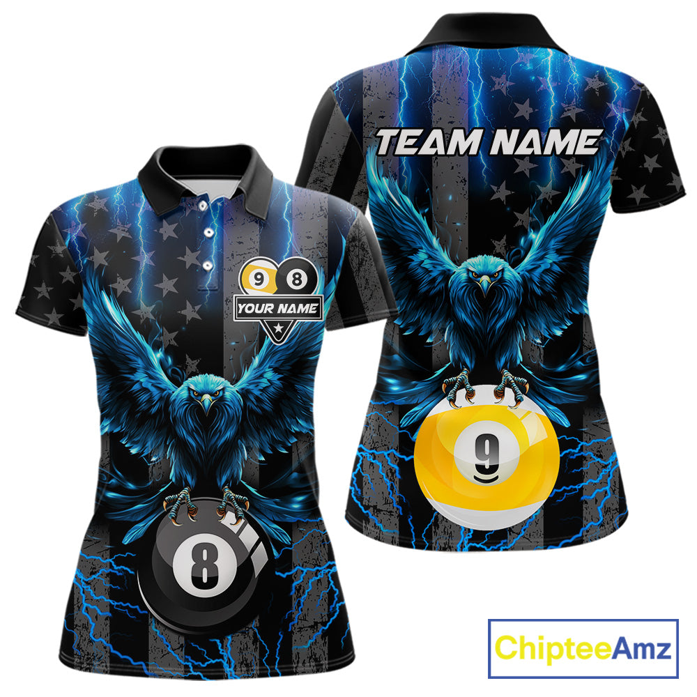 Blue lightning eagle 8 ball and 9 ball billiard polo shirt for women with patriotic American flag graphics.