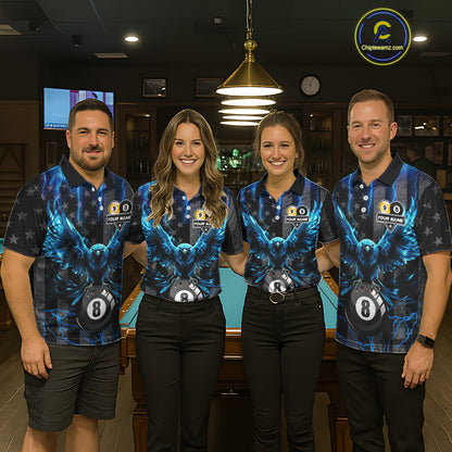 Pool team wearing matching blue lightning eagle billiard jerseys during league matches front view.