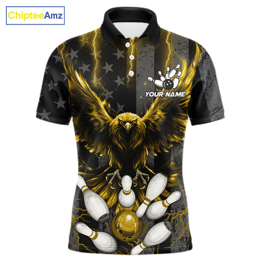 Yellow lightning eagle bowling polo shirt for men with patriotic American flag team graphics.