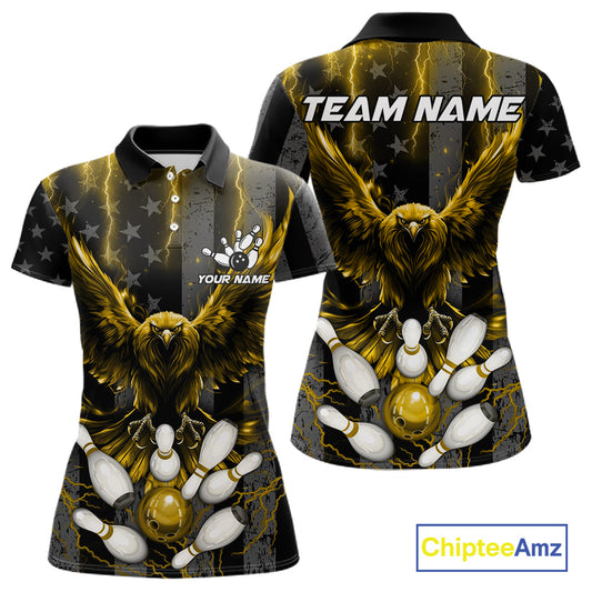 Yellow lightning eagle bowling polo shirt for women with patriotic American flag team graphics.