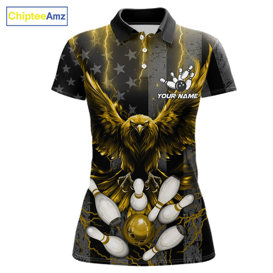 Yellow lightning eagle bowling polo shirt for women with patriotic American flag team graphics.