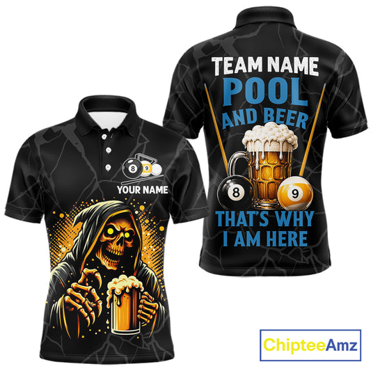 Grim Reaper 8 ball and 9 ball pool and beer That's Why I'm Here custom billiard team jersey polo shirt for men, funny pool apparel.