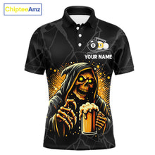 Load image into Gallery viewer, Grim Reaper 8 ball and 9 ball pool and beer That's Why I'm Here custom billiard team jersey polo shirt for men, funny pool apparel.