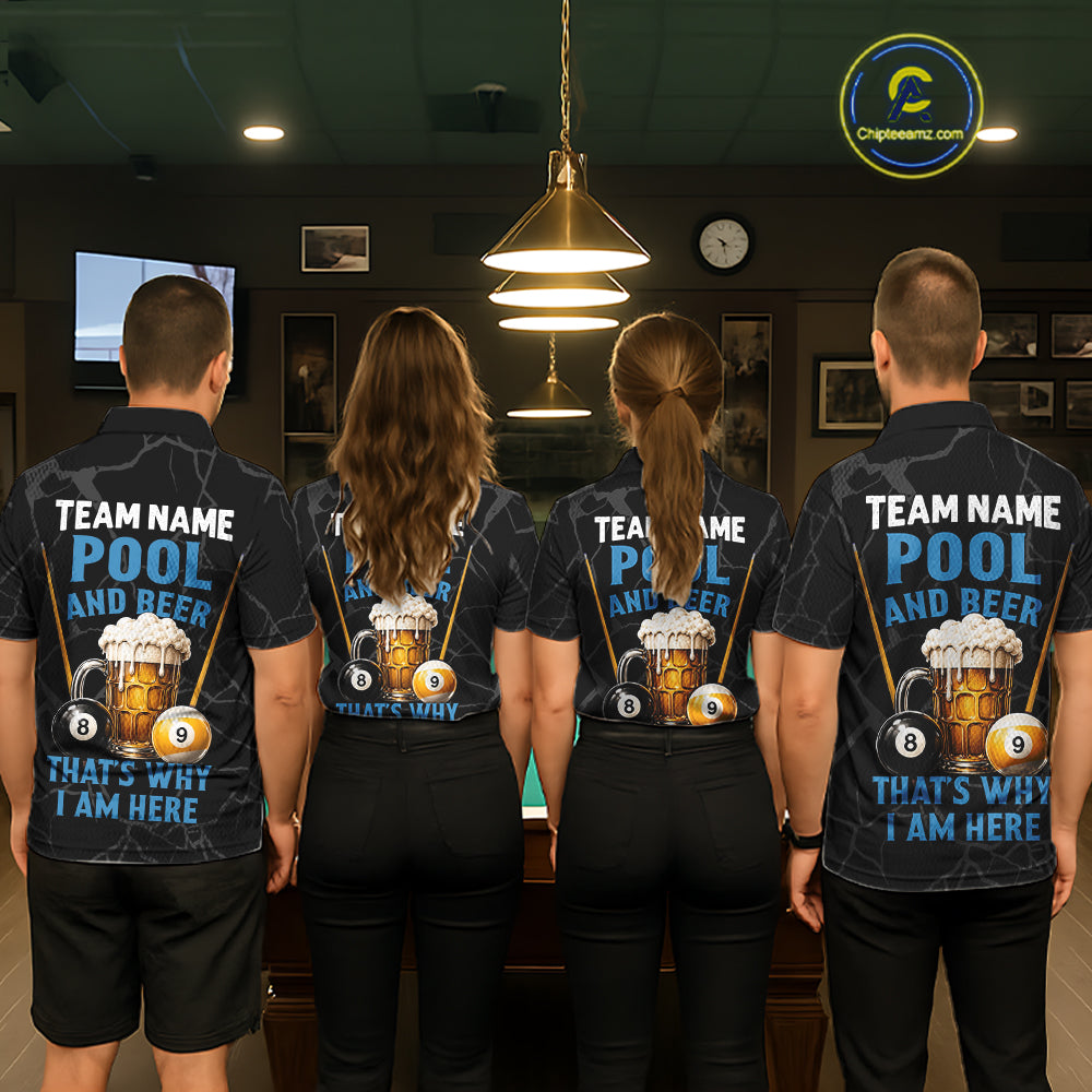 Billiard team wearing matching Grim Reaper 8 ball and 9 ball pool and beer jerseys back view.