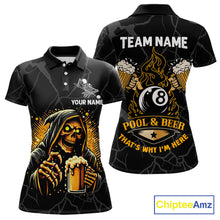 Load image into Gallery viewer, Grim Reaper 8 ball pool and beer That's Why I'm Here custom billiard team jersey polo shirt for women, funny pool league apparel and tournament jersey.