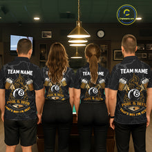 Load image into Gallery viewer, Billiard team wearing matching Grim Reaper 8 ball pool and beer jerseys back view.
