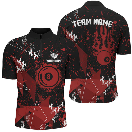 Personalized Red Grunge Billiard Men Quarter-Zip Shirts, Billiards Jerseys For Pool Player TDM1039
