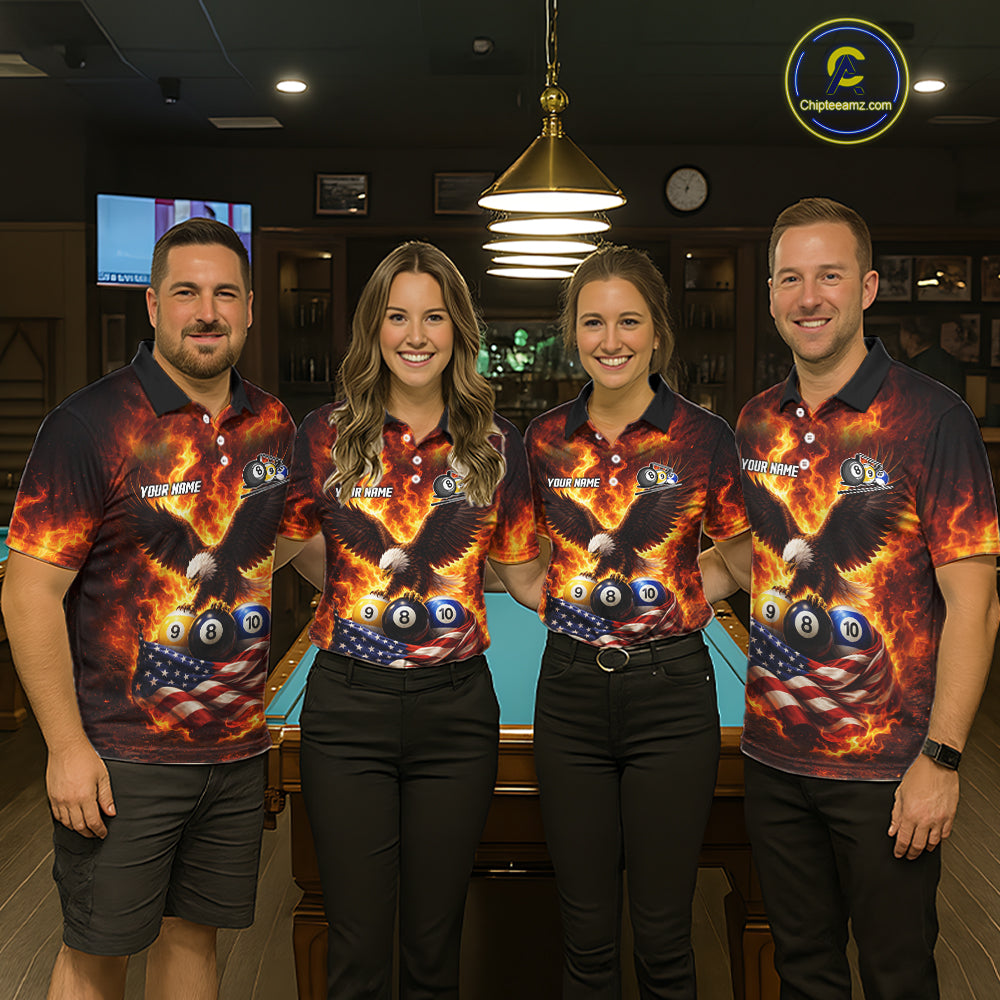 Personalized Flame Eagle 8 Ball, 9 Ball & 10 Ball US Flag Billiard Shirt For Men, Pool Team Jersey TDM5853