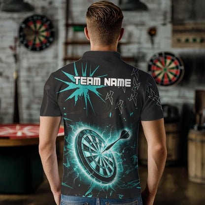 Custom Dart Jerseys For Men, Black And Turquoise Dartboard Thunder Lightning Darts Polo & 1/4 Zip TDM3667