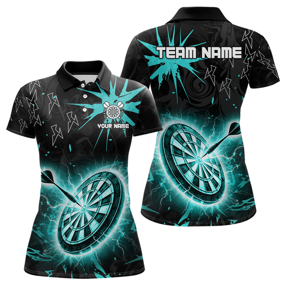 Custom Dart Jerseys For Women, Black And Turquoise Dartboard Thunder Lightning Darts Polo & 1/4 Zip TDM3667