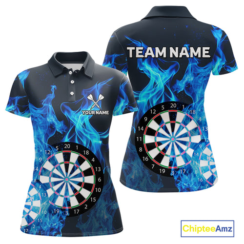 Blue Flaming Dartboard Darts Polo & Quarter Zip Custom Dart Shirts For Women Team Dart Jerseys TDM3821