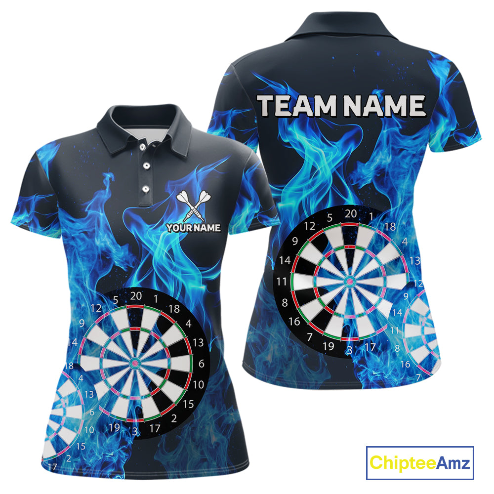 Blue Flaming Dartboard Darts Polo & Quarter Zip Custom Dart Shirts For Women Team Dart Jerseys TDM3821