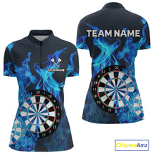Load image into Gallery viewer, Blue Flaming Dartboard Darts Polo &amp; Quarter Zip Custom Dart Shirts For Women Team Dart Jerseys TDM3821