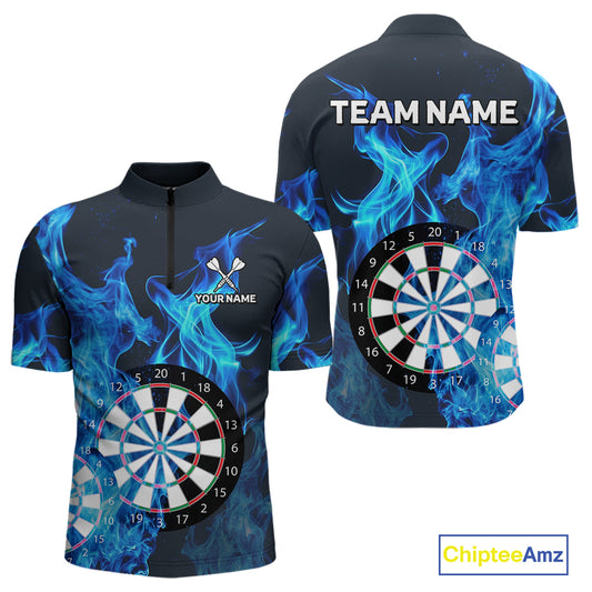 Blue Flaming Dartboard Darts Polo & Quarter Zip Custom Dart Shirts For Men Team Dart Jerseys TDM3821