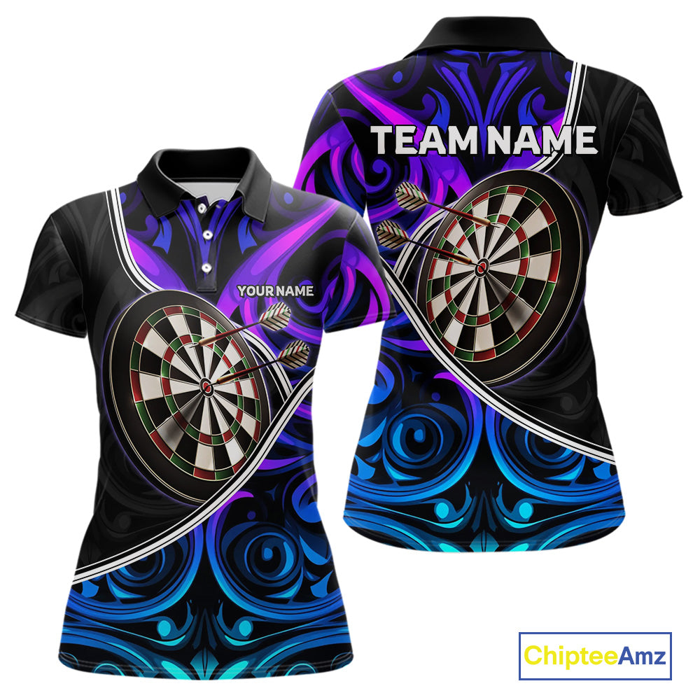 Neon Purple Blue Tribal Pattern Dart Shirts For Women Custom Dart Jerseys Team Polo & Quarter Zip TDM3823