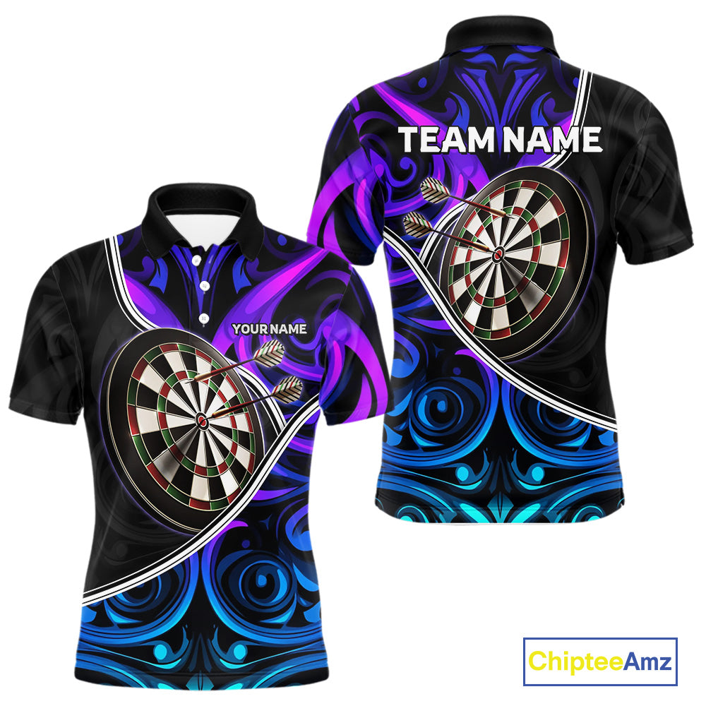 Neon Purple Blue Tribal Pattern Dart Shirts For Men Custom Dart Jerseys Team Polo & Quarter Zip TDM3823