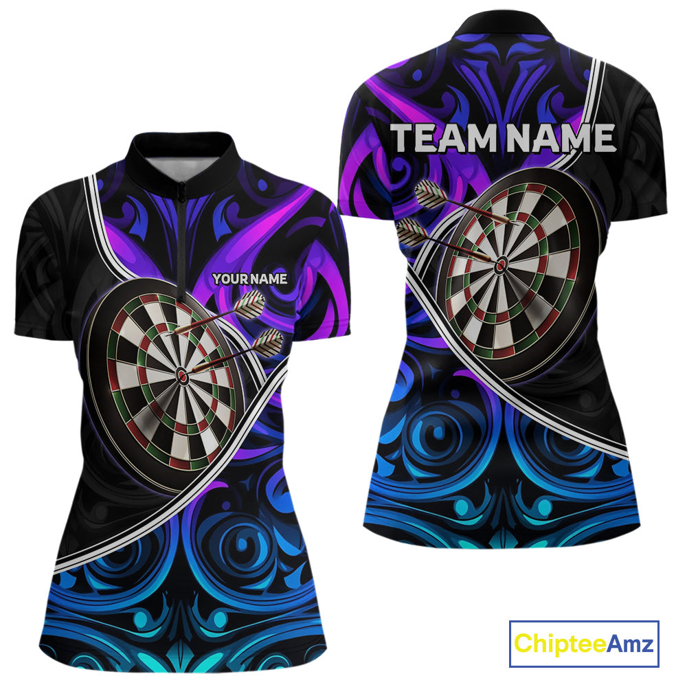 Neon Purple Blue Tribal Pattern Dart Shirts For Women Custom Dart Jerseys Team Polo & Quarter Zip TDM3823
