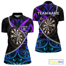 Load image into Gallery viewer, Neon Purple Blue Tribal Pattern Dart Shirts For Women Custom Dart Jerseys Team Polo &amp; Quarter Zip TDM3823