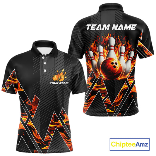 Personalized Fire Flame Bowling Jersey For Men Custom Bowling Team Shirt Polo & 1/4 Zip |Orange TDM6238