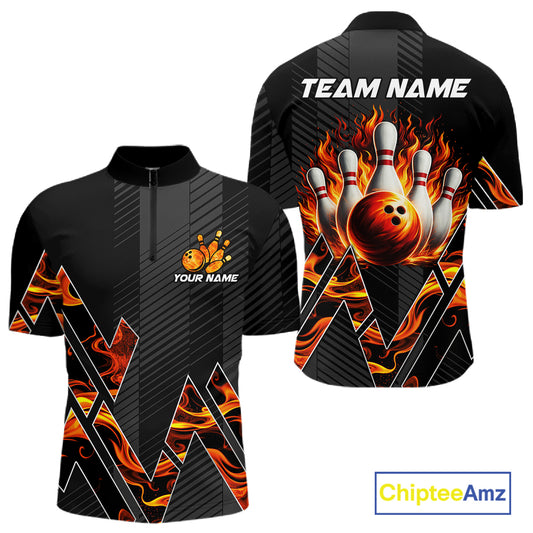 Personalized Fire Flame Bowling Jersey For Men Custom Bowling Team Shirt Polo & 1/4 Zip |Orange TDM6238