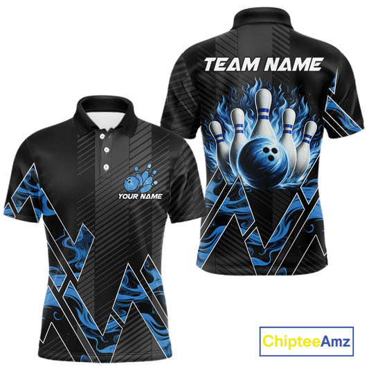 Personalized Fire Flame Bowling Jersey For Men Custom Bowling Team Shirt Polo & 1/4 Zip |Blue TDM6239