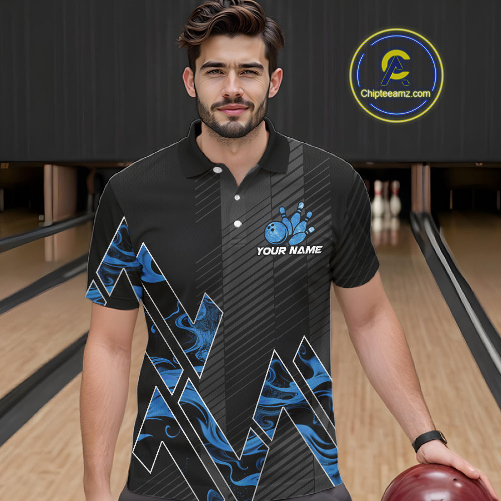Personalized Fire Flame Bowling Jersey For Men Custom Bowling Team Shirt Polo & 1/4 Zip |Blue TDM6239