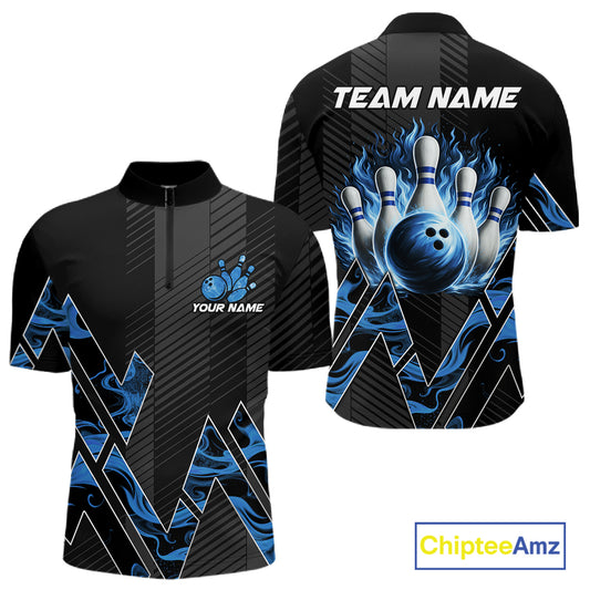 Personalized Fire Flame Bowling Jersey For Men Custom Bowling Team Shirt Polo & 1/4 Zip |Blue TDM6239