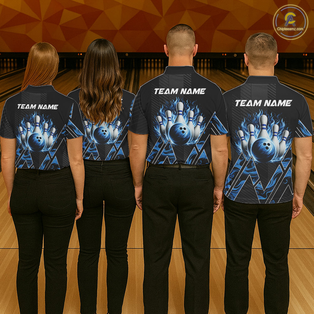 Personalized Fire Flame Bowling Jersey For Men Custom Bowling Team Shirt Polo & 1/4 Zip |Blue TDM6239