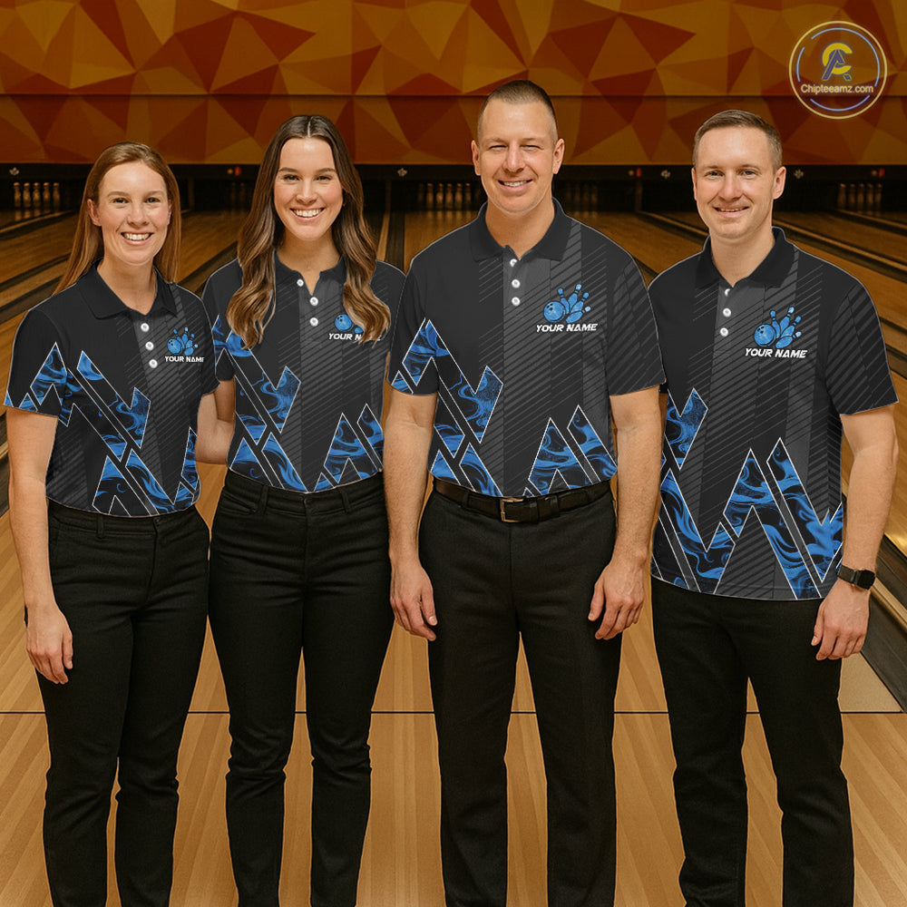 Personalized Fire Flame Bowling Jersey For Men Custom Bowling Team Shirt Polo & 1/4 Zip |Blue TDM6239