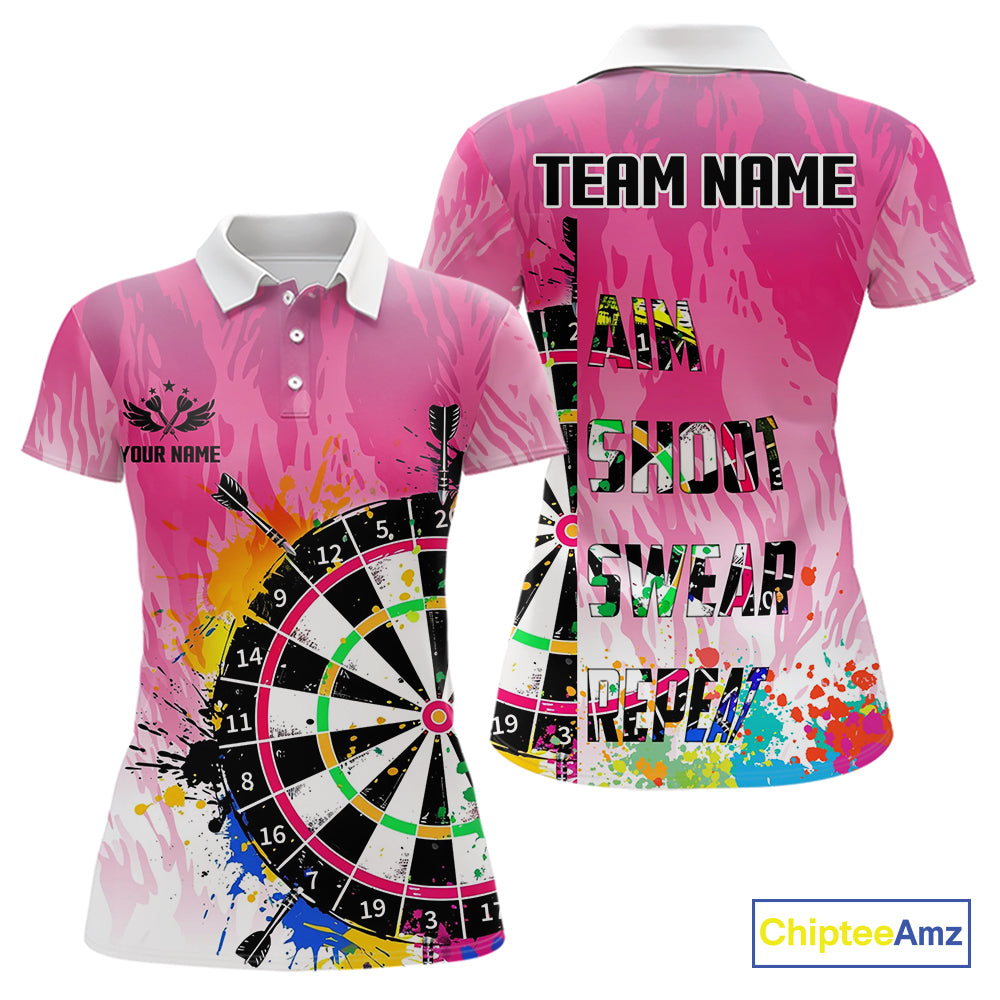 Funny Dartboards Colorful Paint Aim Shoot Swear Repeat Custom Women Darts Shirt, Dart Jerseys |Pink TDM4115