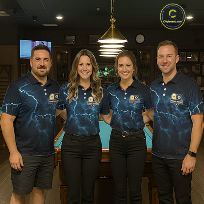 Pool team wearing matching lightning billiard jerseys during tournament matches front view.