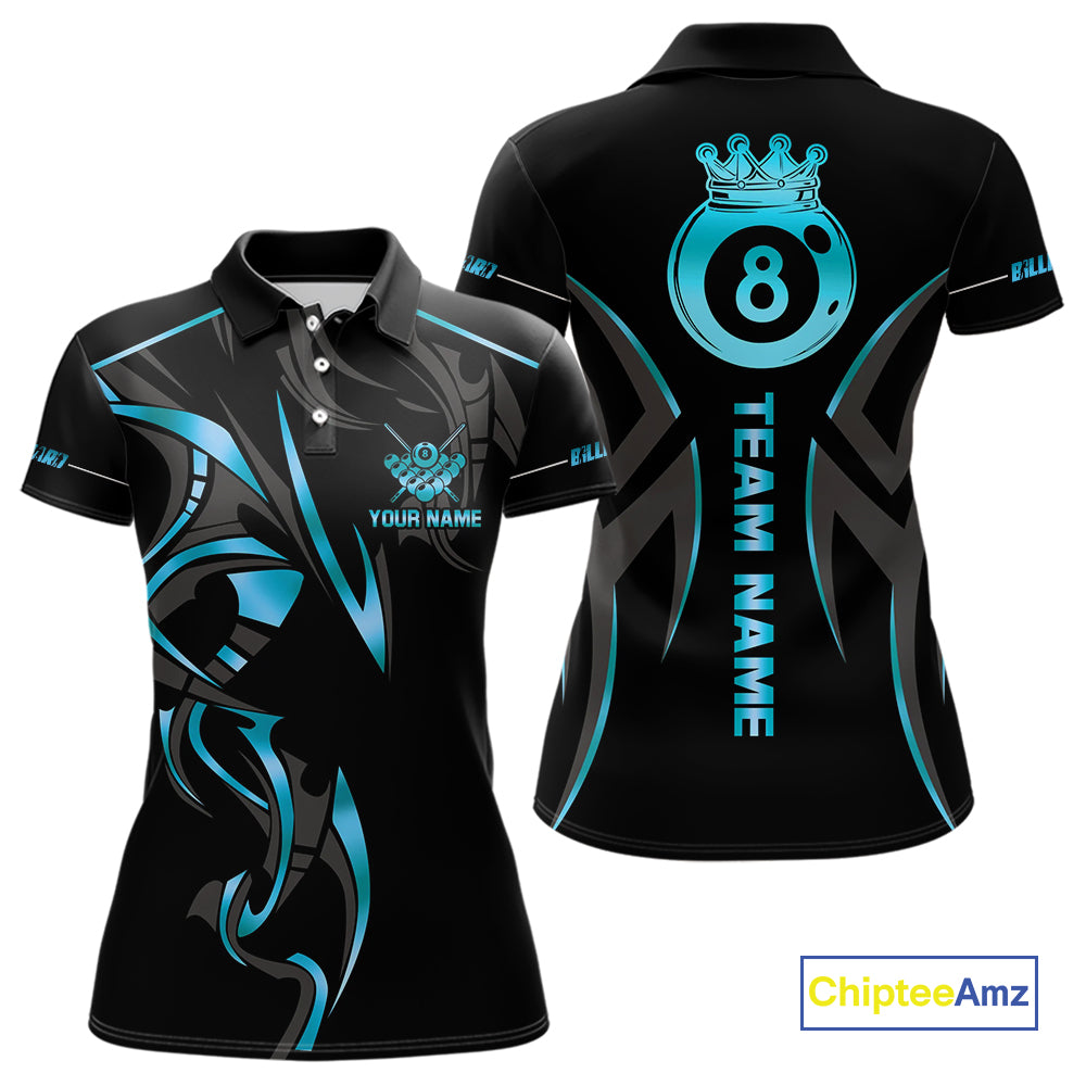 Custom 8 Ball Pool Crown Women Billiard Shirts, Blue Cyan And Black Billiard Team Shirt Pool Jerseys TDM4729
