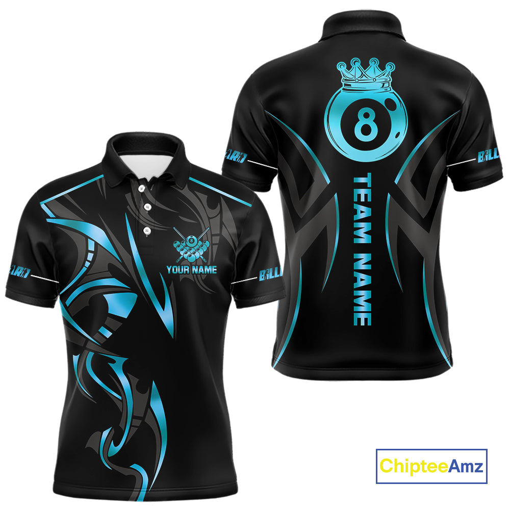 Custom 8 Ball Pool Crown Men Billiard Shirts, Blue Cyan And Black Billiard Team Shirt Pool Jerseys TDM4729