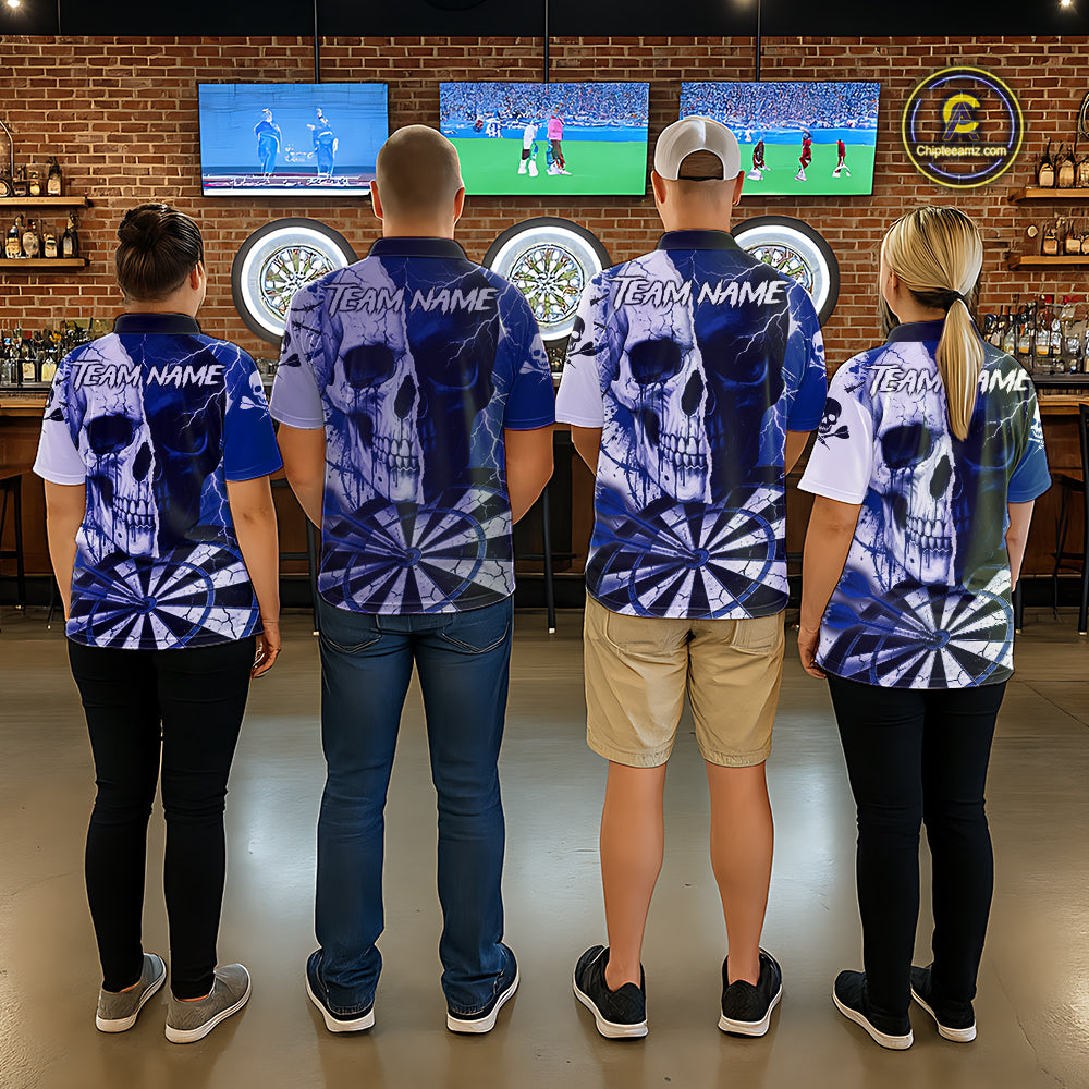 White & Blue Skull Dartboard Custom Women Dart Polo Shirt Retro Grunge Dart League Jerseys NYN2085