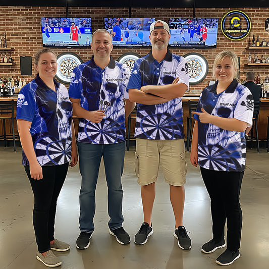 White & Blue Skull Dartboard Custom Men Dart Quarter-Zip Shirt Retro Grunge Dart League Jerseys NYN2085