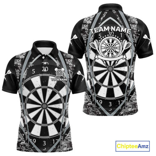 Personalized Grunge Grey Pixel Camo Dart Shirts For Men, Dart Jerseys Team Polo & Quarter Zip TDM3954