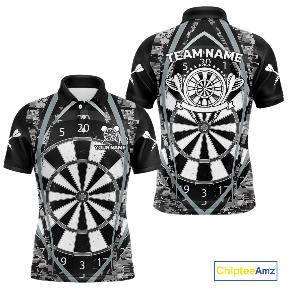 Personalized Grunge Grey Pixel Camo Dart Shirts For Men, Dart Jerseys Team Polo & Quarter Zip TDM3954