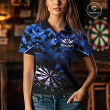 Load image into Gallery viewer, Personalized US Flag Blue Camo Dart Shirts For Women, Patriotic Darts Jersey Team Polo &amp; 1/4 Zip TDM4128