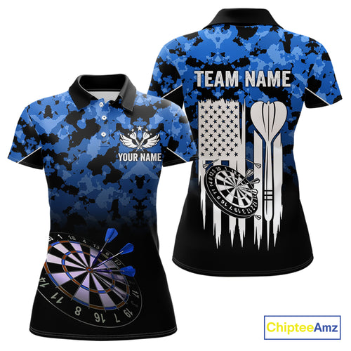 Personalized US Flag Blue Camo Dart Shirts For Women, Patriotic Darts Jersey Team Polo & 1/4 Zip TDM4128