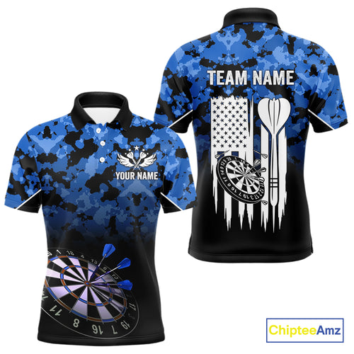 Personalized US Flag Blue Camo Dart Shirts For Men, Patriotic Darts Jersey Team Polo & 1/4 Zip TDM4128
