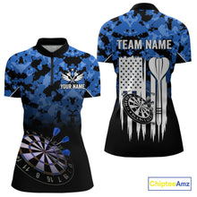Load image into Gallery viewer, Personalized US Flag Blue Camo Dart Shirts For Women, Patriotic Darts Jersey Team Polo &amp; 1/4 Zip TDM4128