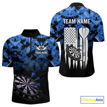 Load image into Gallery viewer, Personalized US Flag Blue Camo Dart Shirts For Men, Patriotic Darts Jersey Team Polo &amp; 1/4 Zip TDM4128