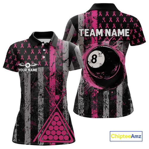 Custom Pink Ribbon Grunge US Flag Billiard Shirt For Women, Breast Cancer 8 Ball Pool Team Jersey TDM4500
