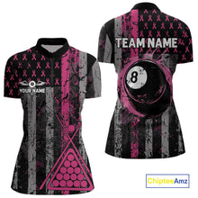Load image into Gallery viewer, Custom Pink Ribbon Grunge US Flag Billiard Shirt For Women, Breast Cancer 8 Ball Pool Team Jersey TDM4500