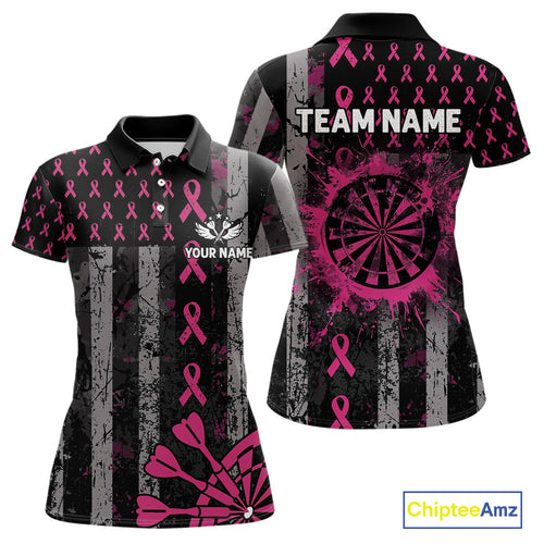 Personalized Grunge US Flag Pink Ribbon Patriotic Darts Shirt For Women, Breast Cancer Darts Jersey TDM4501