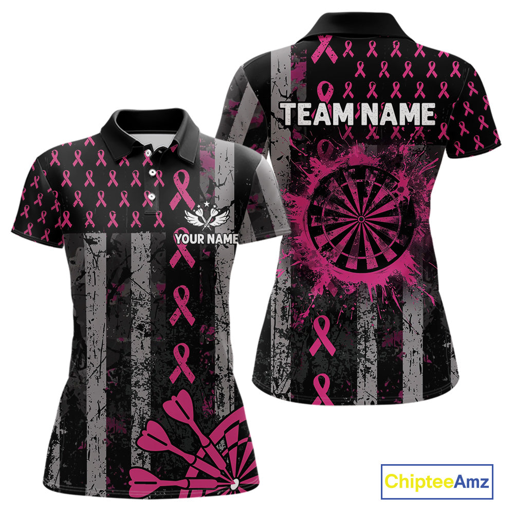 Personalized Grunge US Flag Pink Ribbon Patriotic Darts Shirt For Women, Breast Cancer Darts Jersey TDM4501
