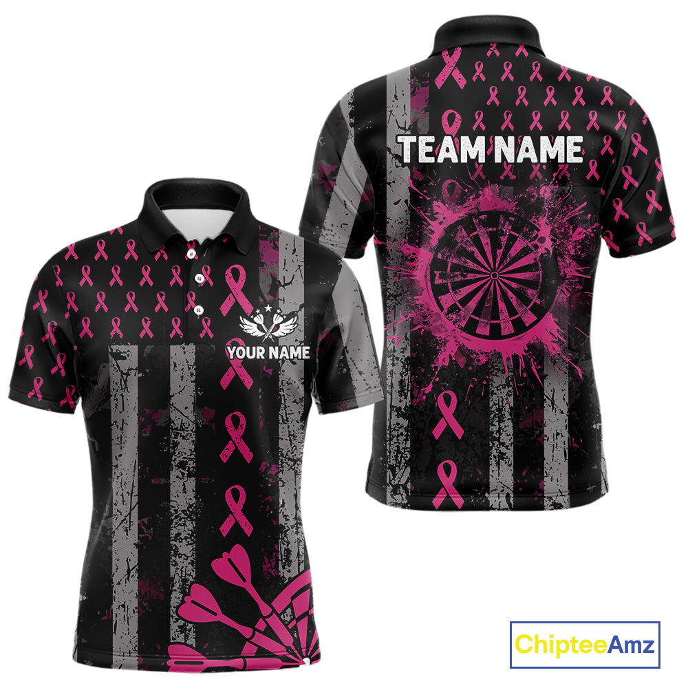 Personalized Grunge US Flag Pink Ribbon Patriotic Darts Shirt For Men, Breast Cancer Darts Jersey TDM4501